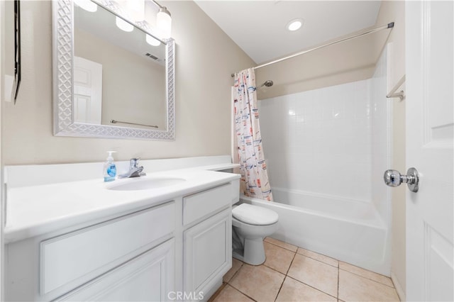 full bathroom featuring visible vents, shower / bath combo with shower curtain, toilet, tile patterned floors, and vanity