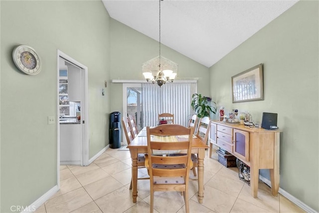 dining room featuring lofted ceiling, light tile patterned flooring, baseboards, and an inviting chandelier