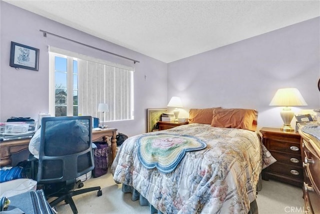 bedroom with a textured ceiling and carpet floors