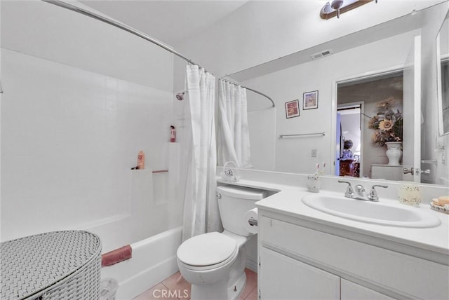 bathroom with toilet, vanity, visible vents, and shower / bathtub combination with curtain