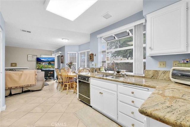 kitchen featuring light stone counters, a sink, visible vents, white cabinetry, and dishwasher