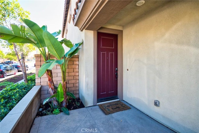 doorway to property featuring stucco siding