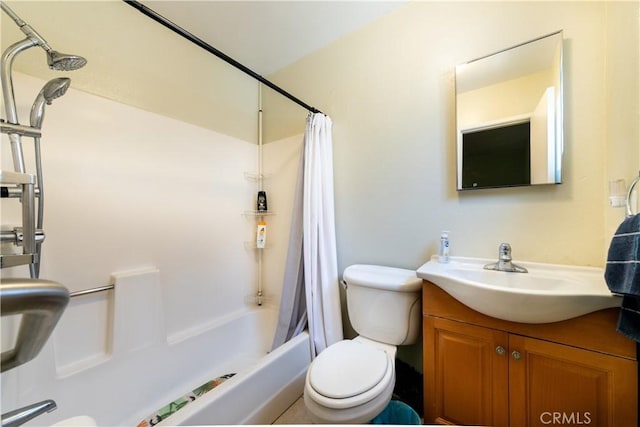 bathroom featuring vanity, toilet, and shower / bathtub combination with curtain