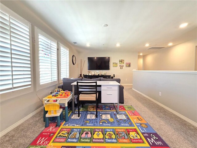 game room featuring recessed lighting, carpet flooring, visible vents, and baseboards