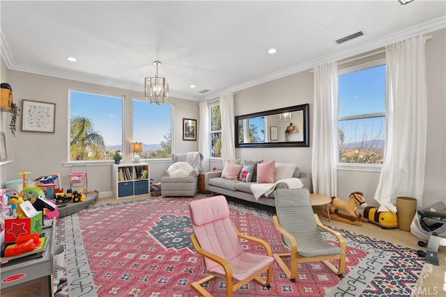 interior space with visible vents, carpet floors, recessed lighting, crown molding, and a chandelier