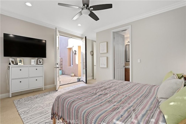 bedroom featuring recessed lighting, light colored carpet, baseboards, and ornamental molding