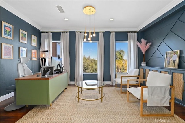 interior space with visible vents, baseboards, ornamental molding, recessed lighting, and wood finished floors