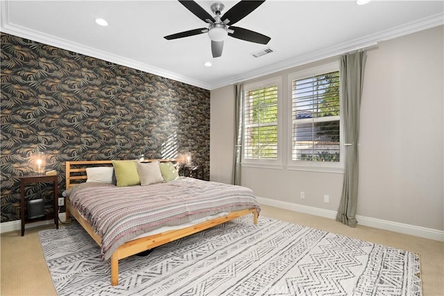 bedroom featuring visible vents, recessed lighting, crown molding, wallpapered walls, and baseboards