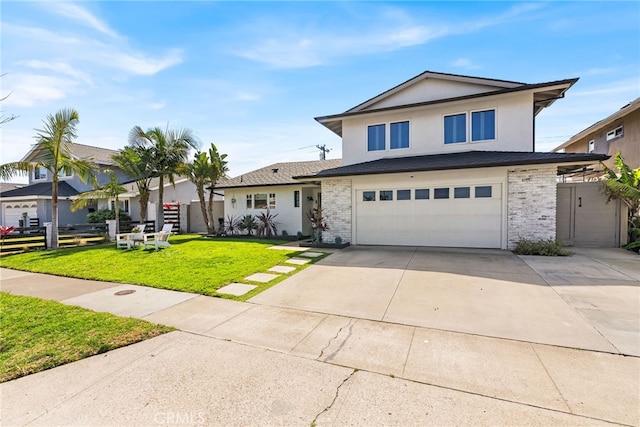 view of front of property with stucco siding, driveway, a front lawn, fence, and an attached garage