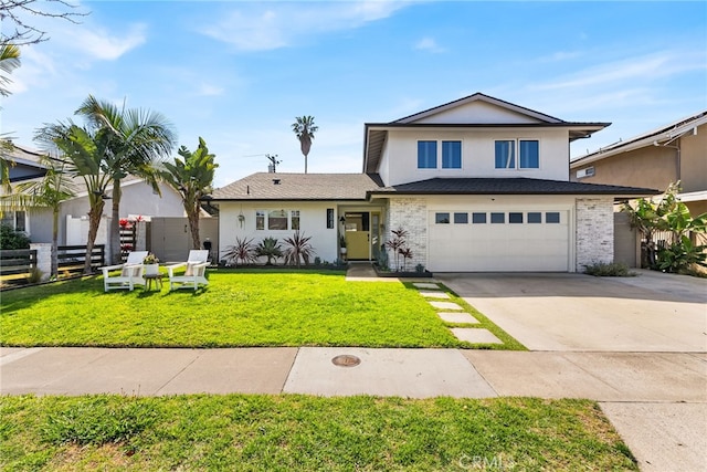 view of front of home featuring a front lawn, fence, stucco siding, a garage, and driveway