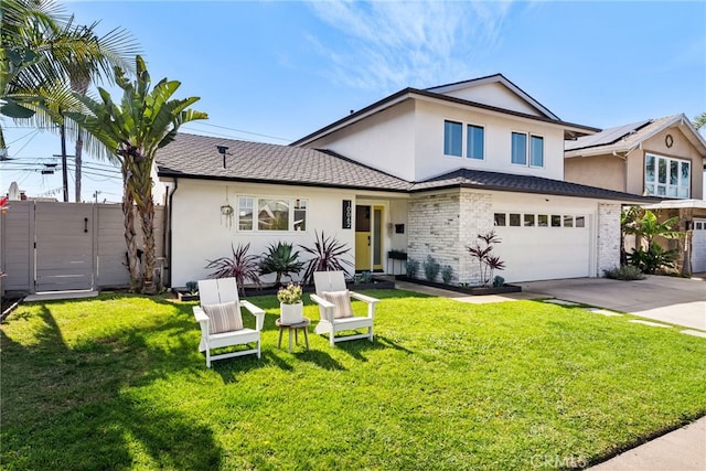 view of front facade featuring a front yard, a gate, an attached garage, stucco siding, and concrete driveway