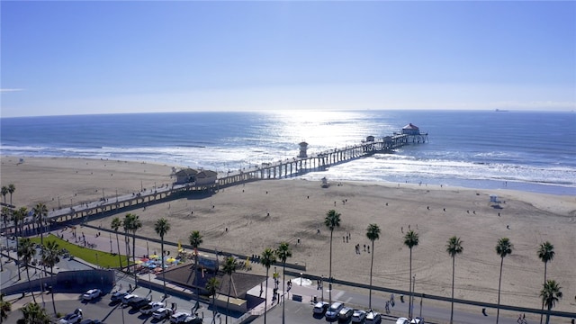 bird's eye view featuring a beach view and a water view