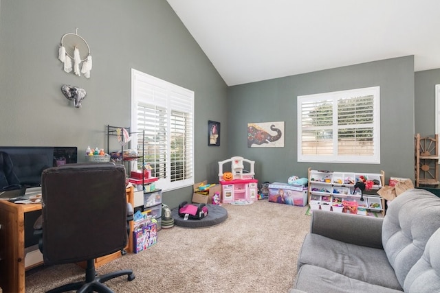 interior space featuring high vaulted ceiling and carpet