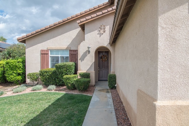 view of exterior entry with a lawn and stucco siding