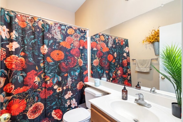 full bathroom with toilet, a shower with curtain, and vanity