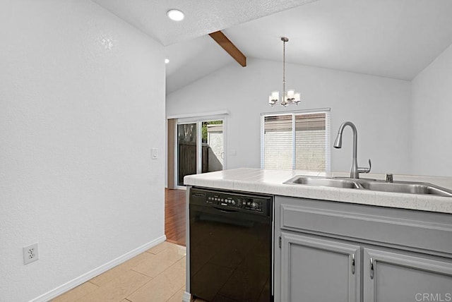 kitchen featuring light wood finished floors, lofted ceiling with beams, gray cabinetry, a sink, and dishwasher