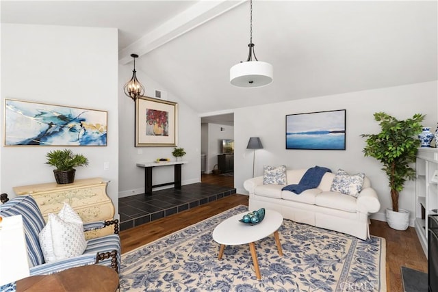 living room featuring lofted ceiling with beams, visible vents, baseboards, and dark wood-style floors