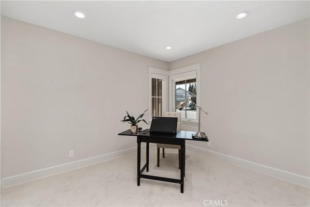 home office featuring recessed lighting, baseboards, and light colored carpet