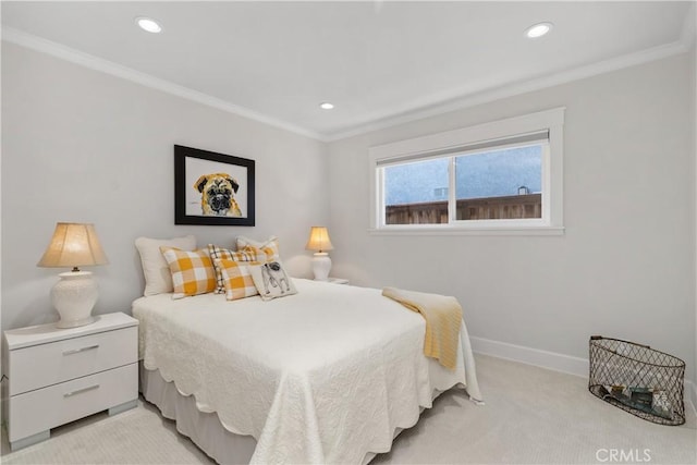 bedroom with crown molding, recessed lighting, baseboards, and light carpet