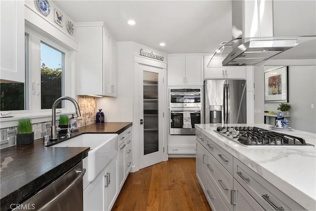 kitchen with backsplash, island range hood, appliances with stainless steel finishes, wood finished floors, and a sink