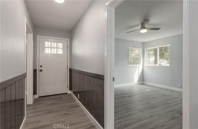 entryway featuring a wainscoted wall, ceiling fan, wood finished floors, and wood walls