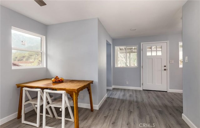 foyer with wood finished floors and baseboards