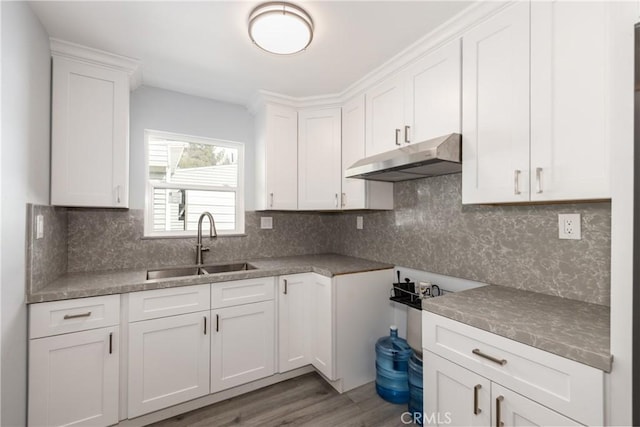 kitchen featuring decorative backsplash, wood finished floors, under cabinet range hood, white cabinetry, and a sink