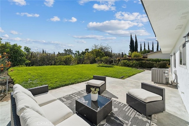 view of patio with an outdoor living space and central air condition unit