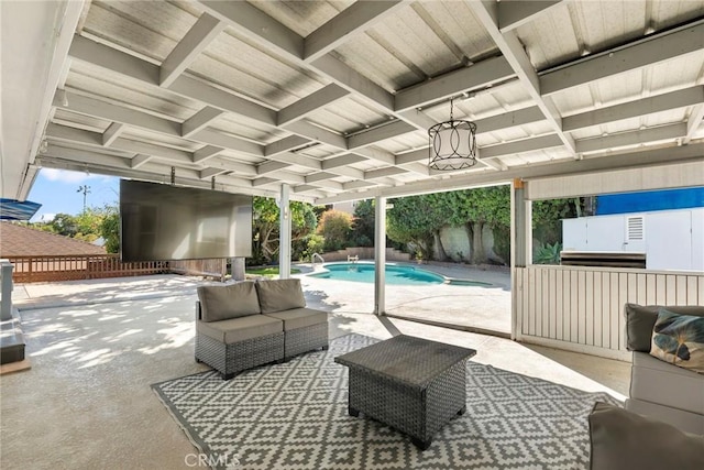 view of swimming pool featuring a fenced in pool, a patio, outdoor lounge area, and fence