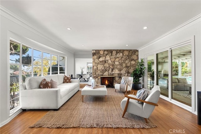 living room with a stone fireplace, wood finished floors, a wealth of natural light, and ornamental molding