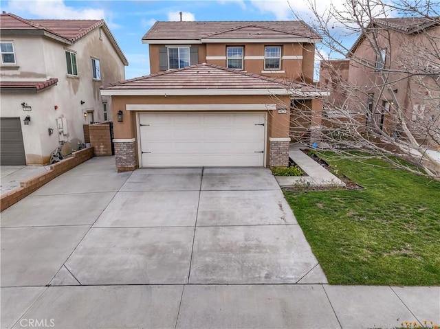 traditional-style home with a tile roof, stucco siding, a garage, driveway, and a front lawn