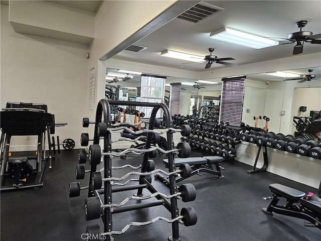 gym featuring a ceiling fan