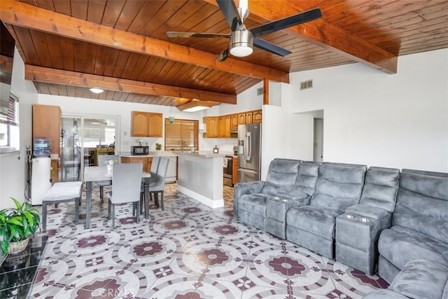 living area featuring ceiling fan, wooden ceiling, visible vents, and vaulted ceiling with beams