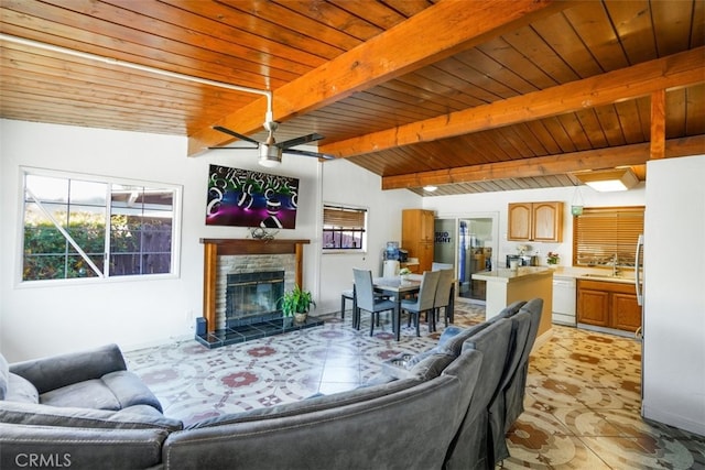 living room featuring wood ceiling, plenty of natural light, and a fireplace