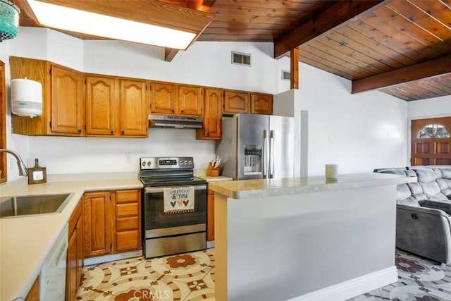 kitchen with visible vents, appliances with stainless steel finishes, vaulted ceiling with beams, under cabinet range hood, and a sink