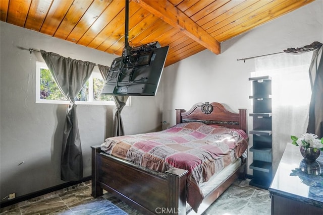 bedroom with wood ceiling and lofted ceiling with beams