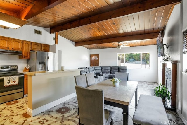 dining area with wood ceiling, visible vents, vaulted ceiling with beams, and a fireplace