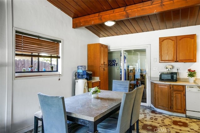 dining room featuring wood ceiling and lofted ceiling with beams