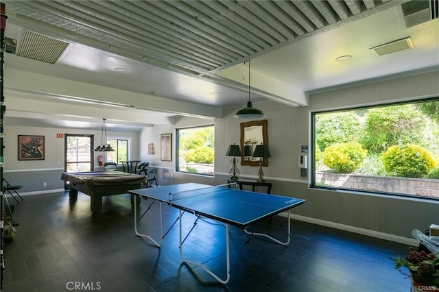 recreation room featuring pool table, beam ceiling, wood-type flooring, and visible vents