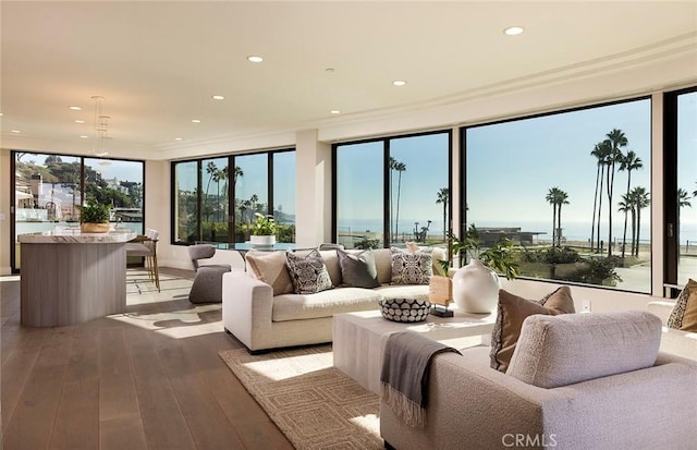 living area featuring hardwood / wood-style flooring and recessed lighting