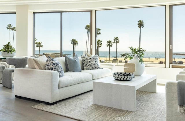 living area featuring a water view