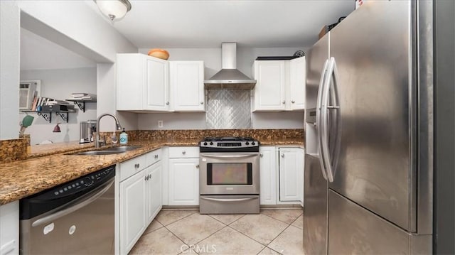 kitchen featuring white cabinets, wall chimney exhaust hood, stainless steel appliances, and a sink