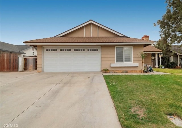 ranch-style house featuring a chimney, concrete driveway, fence, a garage, and a front lawn