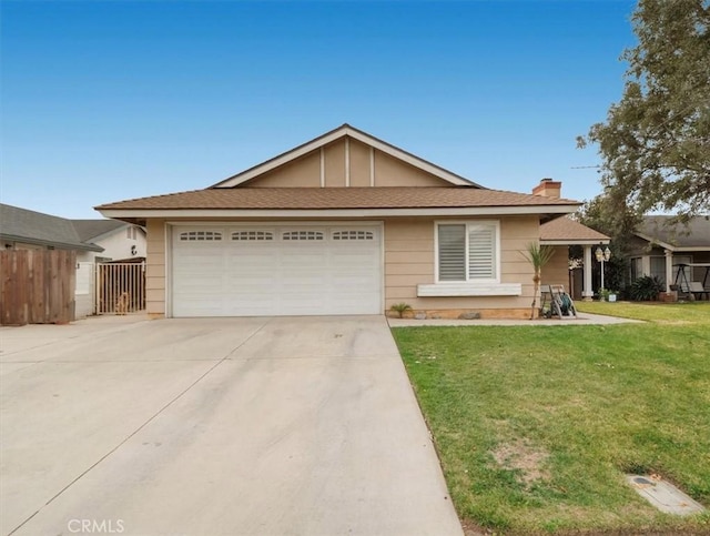 single story home with driveway, a chimney, an attached garage, fence, and a front lawn