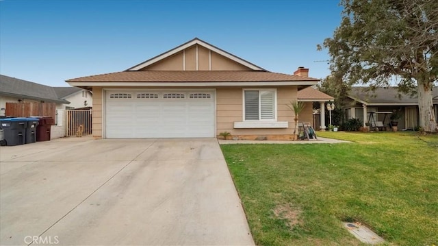 ranch-style home featuring an attached garage, fence, driveway, a chimney, and a front yard