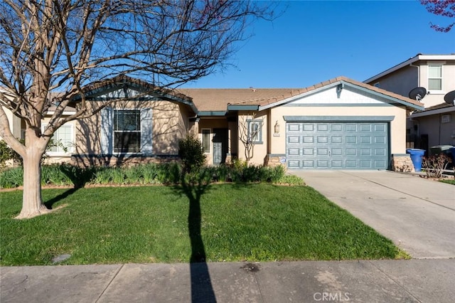 ranch-style house with a front yard, driveway, an attached garage, and stucco siding