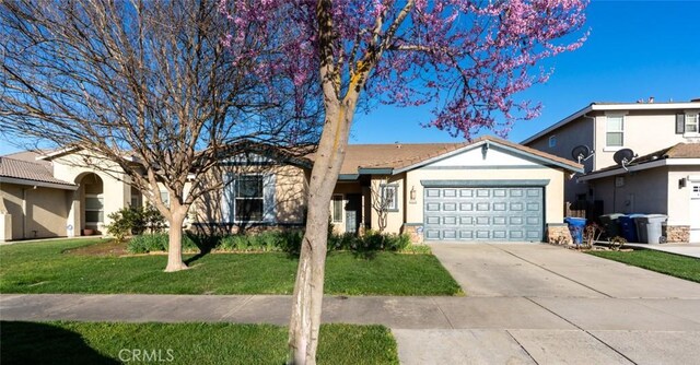 ranch-style house with an attached garage, driveway, a front lawn, and stucco siding