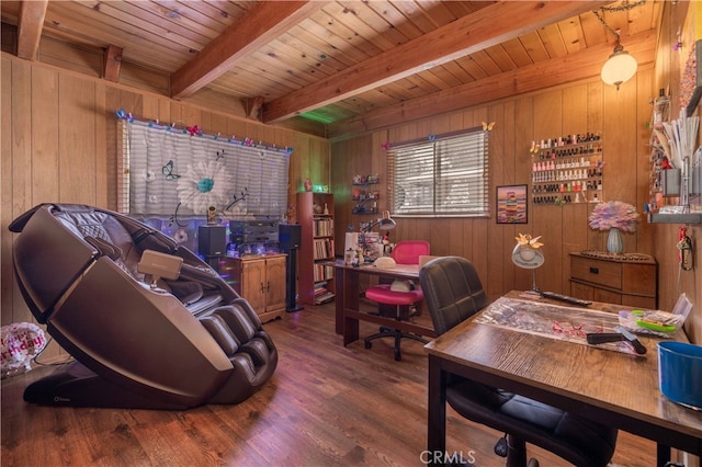 office featuring wood walls, wooden ceiling, wood finished floors, and beam ceiling