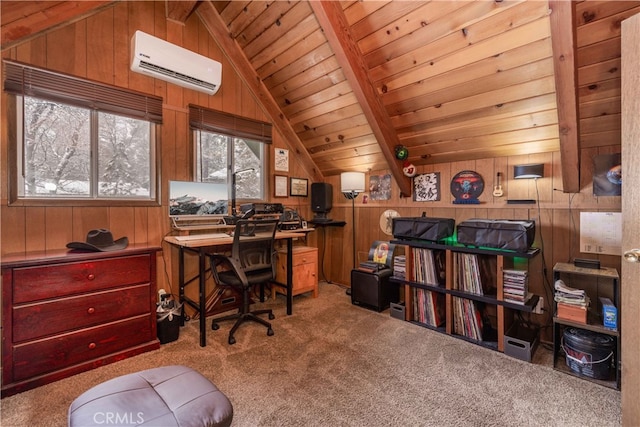 home office featuring lofted ceiling with beams, a wall mounted AC, wood ceiling, and wooden walls