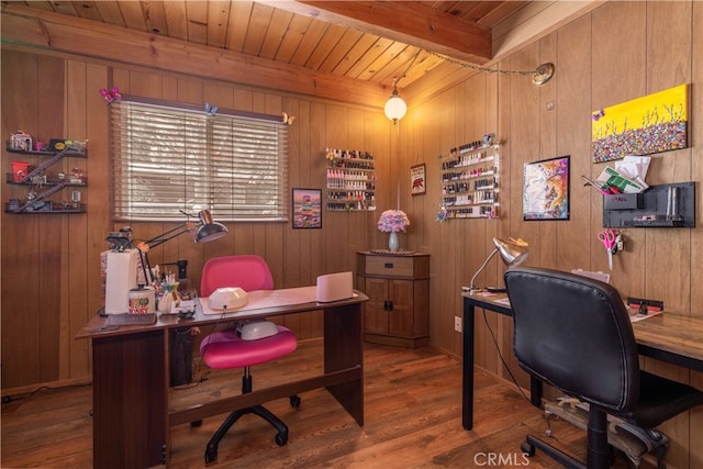 office area with wood ceiling, beamed ceiling, wood walls, and wood finished floors